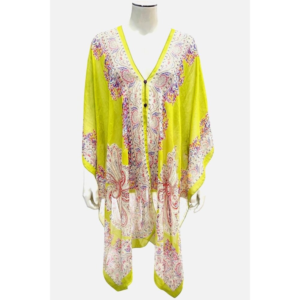 Lime Green Paisley Chiffon Kaftan Tunic Boho Resort Beach Vacation Coverup Chic